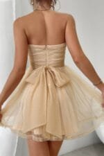 Off Shoulder Ruched Knot Zipper Pleated Short Dress