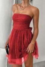 Off Shoulder Ruched Knot Zipper Pleated Short Dress