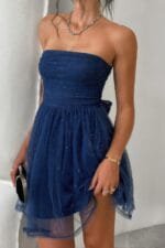 Off Shoulder Ruched Knot Zipper Pleated Short Dress