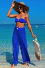 Solid Color Metal Decor Beach Bikini Pants Set