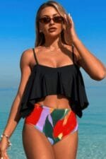 Ruffle Top High Waisted Bottom Tankini Swimsuit