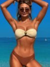 Solid Color Metal Decor Strapless Bikini Swimsuit