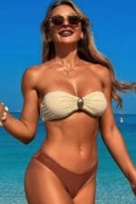 Solid Color Metal Decor Strapless Bikini Swimsuit