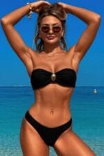 Solid Color Metal Decor Strapless Bikini Swimsuit