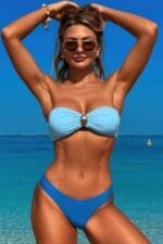 Solid Color Metal Decor Strapless Bikini Swimsuit