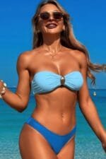 Solid Color Metal Decor Strapless Bikini Swimsuit