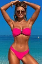 Solid Color Metal Decor Strapless Bikini Swimsuit