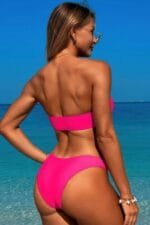 Solid Color Metal Decor Strapless Bikini Swimsuit