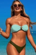 Solid Color Metal Decor Strapless Bikini Swimsuit