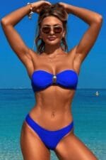 Solid Color Metal Decor Strapless Bikini Swimsuit