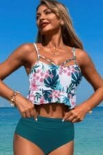 Ruffle Waist Tie Back Top High Waist Brief Tankini