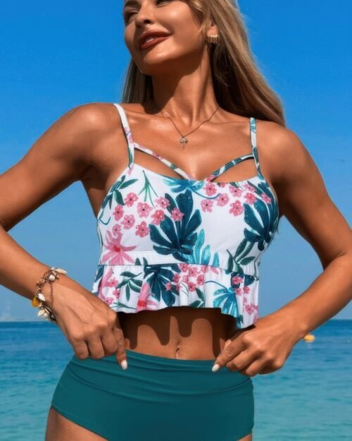 Ruffle Waist Tie Back Top High Waist Brief Tankini