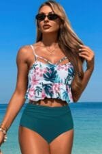 Ruffle Waist Tie Back Top High Waist Brief Tankini