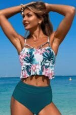 Ruffle Waist Tie Back Top High Waist Brief Tankini