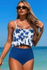 Ruffle Waist Tie Back Top High Waist Brief Tankini