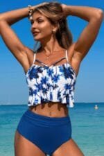 Ruffle Waist Tie Back Top High Waist Brief Tankini