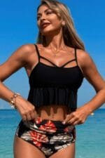 Ruffle Waist Tie Back Top High Waist Brief Tankini