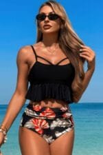 Ruffle Waist Tie Back Top High Waist Brief Tankini