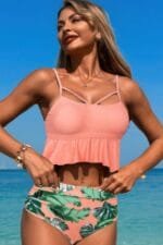 Ruffle Waist Tie Back Top High Waist Brief Tankini