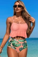 Ruffle Waist Tie Back Top High Waist Brief Tankini