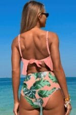 Ruffle Waist Tie Back Top High Waist Brief Tankini