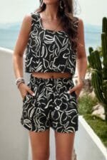 Allover Print Sleeveless Square Neck Elastic Sets