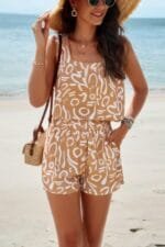 Allover Print Sleeveless Square Neck Elastic Sets