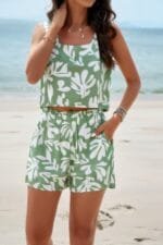 Allover Print Sleeveless Square Neck Elastic Sets