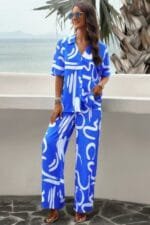 Print Front Button Two Pieces Blouse Sets