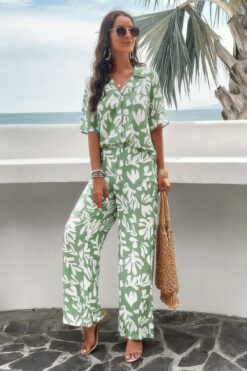 Print Front Button Two Pieces Blouse Sets