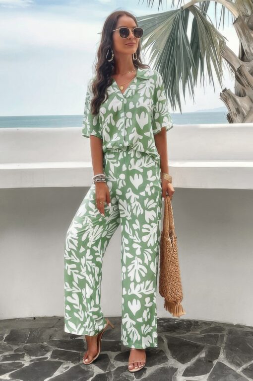 Print Front Button Two Pieces Blouse Sets - Image 5