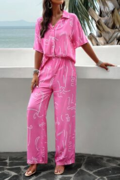 Print Front Button Two Pieces Blouse Sets