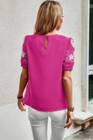 Floral Keyhole Neckline Puff Sleeve Blouse Floral Keyhole Neckline Puff Sleeve Blouse