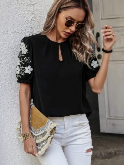 Floral Keyhole Neckline Puff Sleeve Blouse Floral Keyhole Neckline Puff Sleeve Blouse