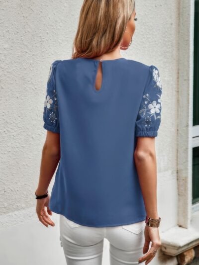 Floral Keyhole Neckline Puff Sleeve Blouse Floral Keyhole Neckline Puff Sleeve Blouse