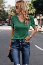 Solid V Neck Lace Puff Sleeve Fit Top