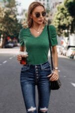 Solid V Neck Lace Puff Sleeve Fit Top