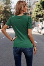 Solid V Neck Lace Puff Sleeve Fit Top