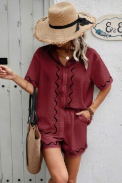 Two Piece Button Down Short Sleeve Outfits Sets