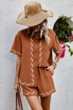 Two Piece Button Down Short Sleeve Outfits Sets