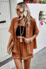 Two Piece Button Down Short Sleeve Outfits Sets