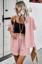 Two Piece Button Down Short Sleeve Outfits Sets