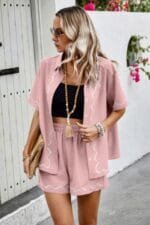Two Piece Button Down Short Sleeve Outfits Sets