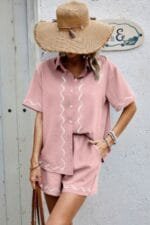 Two Piece Button Down Short Sleeve Outfits Sets