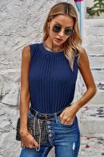 Sleeveless Pleated Round Neck Loose Fit Top