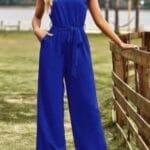 Solid V Neck Knot Shoulder Sleeveless Ruched Belt