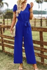 Solid V Neck Knot Shoulder Sleeveless Ruched Belt - Image 3