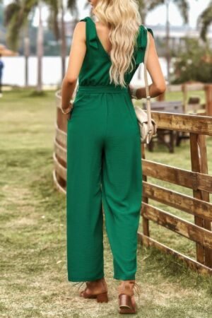 Solid V Neck Knot Shoulder Sleeveless Ruched Belt Solid V Neck Knot Shoulder Sleeveless Ruched Belt
