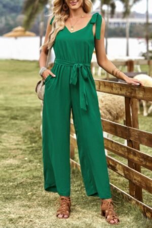 Solid V Neck Knot Shoulder Sleeveless Ruched Belt Solid V Neck Knot Shoulder Sleeveless Ruched Belt