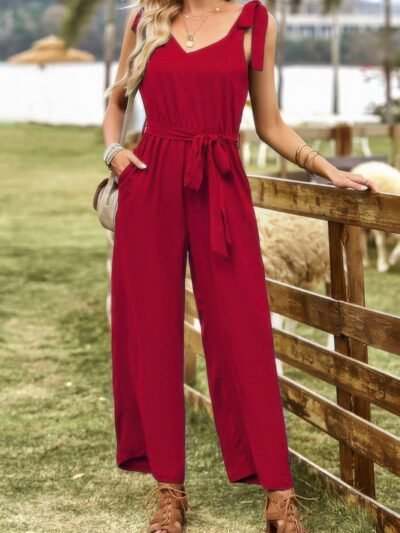 Solid V Neck Knot Shoulder Sleeveless Ruched Belt Solid V Neck Knot Shoulder Sleeveless Ruched Belt
